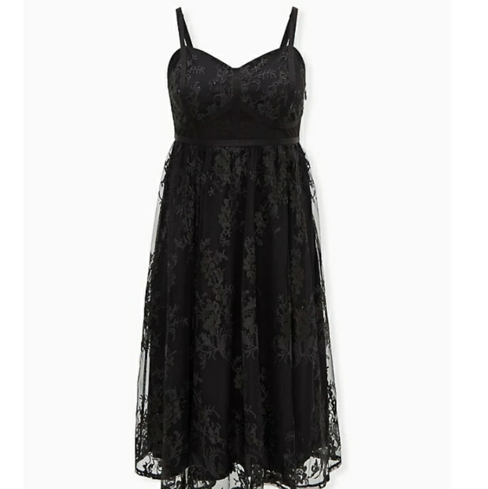 BLACK EMBROIDERED MESH & SEQUIN MIDI DRESS